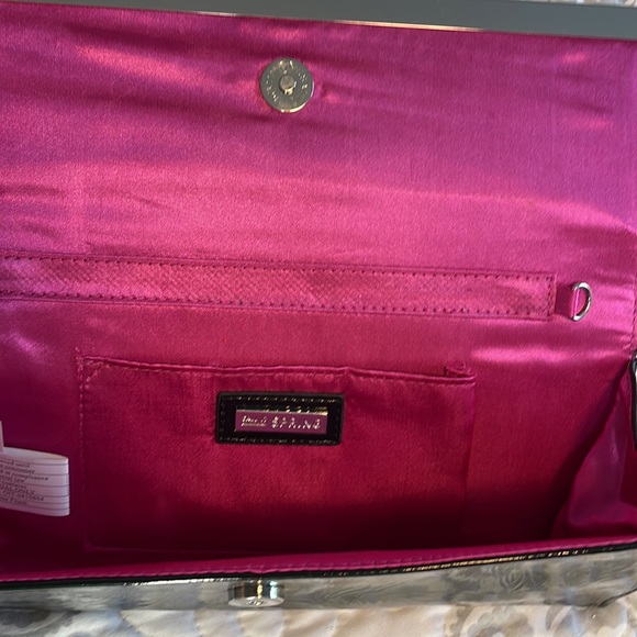 Vegan clutch black patent, like chrome, trim, pink satin interior - Picture 11 of 14